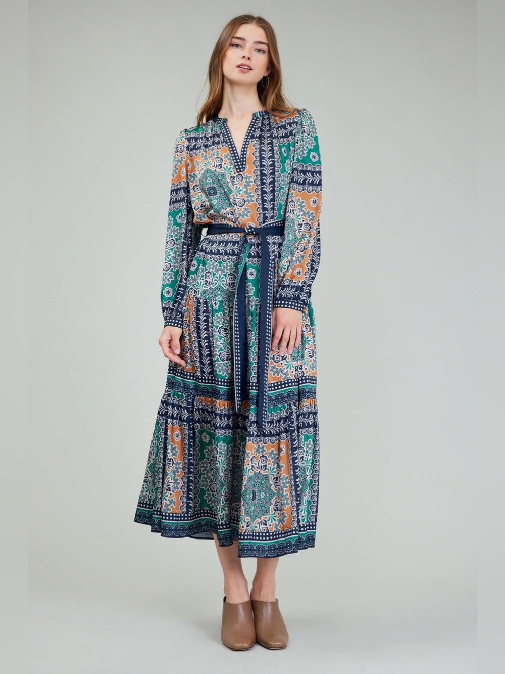 Current Air Long Sleeve Printed Maxi Dress in Green, Tan & Navy - Picture 6 of 6
